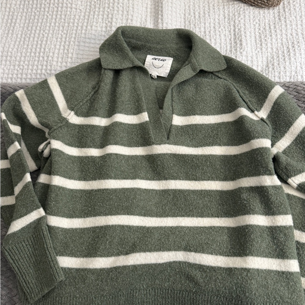 Aerie Olive Green and White Striped Sweater